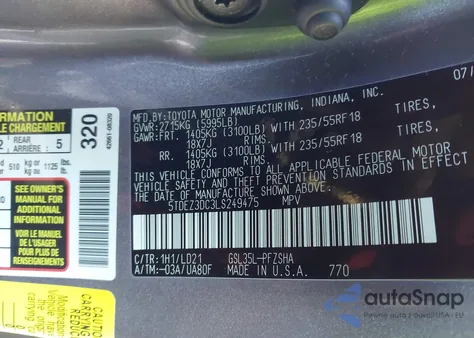 2020 Toyota Sienna Se from USA, damaged, VIN 5TDEZ3DC3LS249475